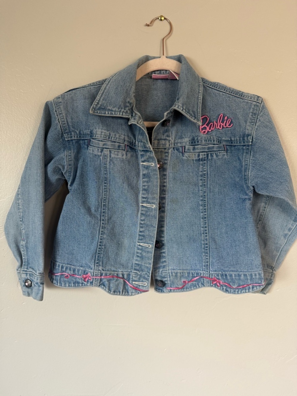 Vintage Barbie Light Blue Denim Jacket with Pink Embroidery